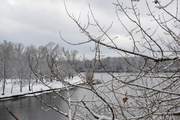 View from the bridge to the winter river Winter river Postcard winter landscape