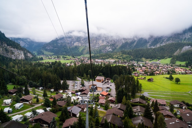 View from cable car above Grindelwald village in Switzerland