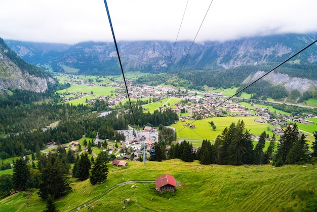 View from cable car above Grindelwald village in Switzerland