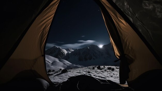 キャンプテントから雪を頂いた夜の山頂を望むアクティブなレクリエーションAIが生成