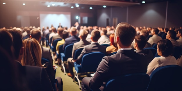 Una vista da dietro che cattura uomini d'affari impegnati in una conferenza d'affari che discutono idee e strategie in un contesto professionale ia generativa