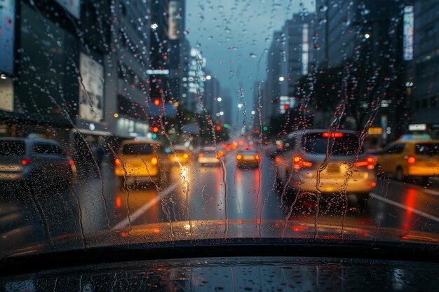 雨の下の車とともに街道のガラスの窓を越えた車からの景色