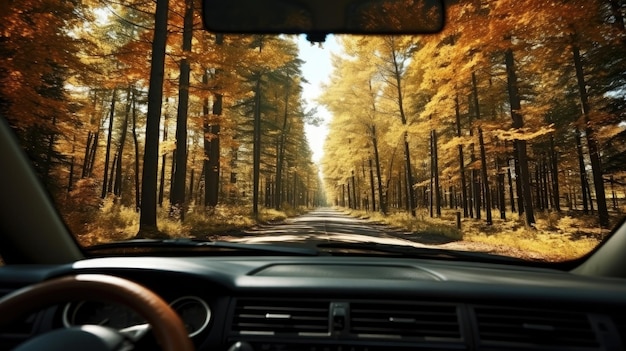 View from car interior driving car country road in autumn rear view created with Generative AI technology