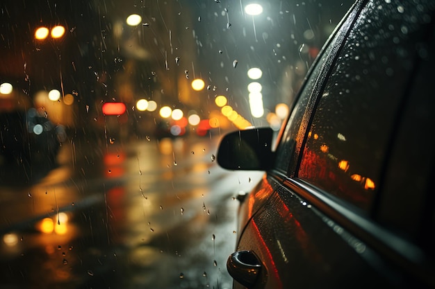 夜の雨の街路灯で車の後ろから眺める