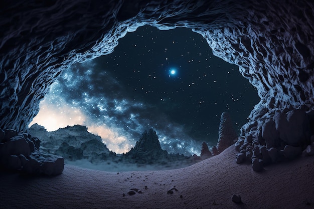 洞窟から星空を眺める美しい魔法の幻想的なイラスト不思議な魔法のAI