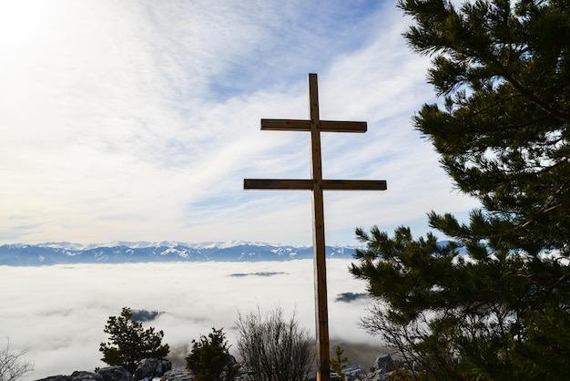 View from Cerenova rock in West Tatras near Liptovsky Mikulas city in foggy weather Slovakia