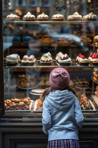 view from behind of a child watching at a charming bakery window display filled treats