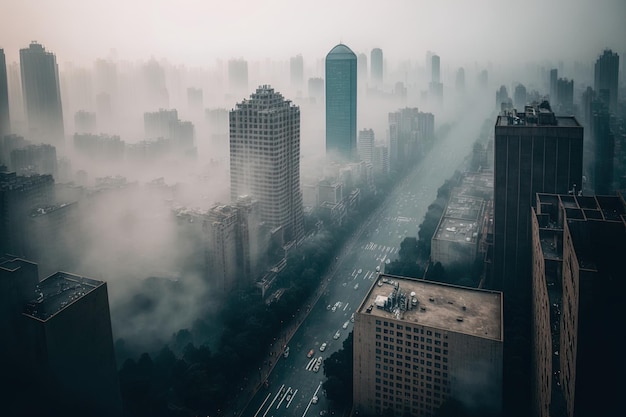 A view from above of the city in the mist