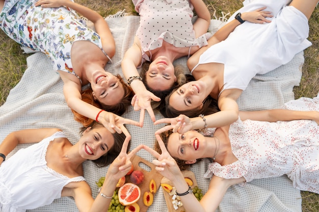 Vista dall'alto la compagnia di belle amiche si diverte e fa un picnic all'aperto