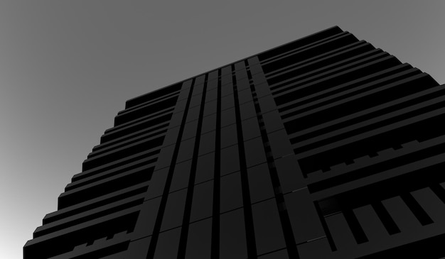 View from above construction architecture design of a building a closed office a headquarters in black dark color against a gray sky A gloomy black building 3D render