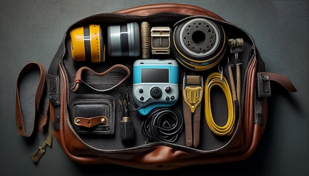 View from above construction tools belt bag and vintage instruments