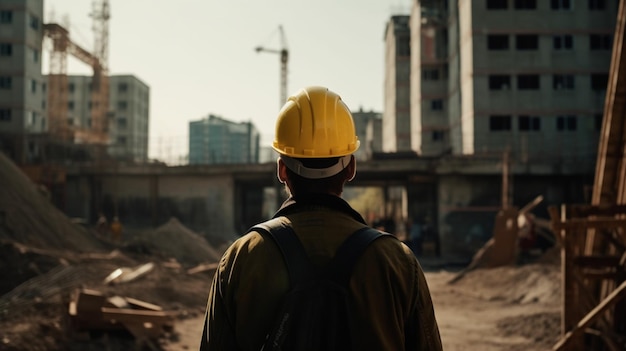 黄色のヘルメットをかぶった建設作業員の後ろからの眺め