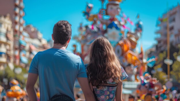 Photo view from behind a couple view the impresionant monument of las fallas festivity in valencia