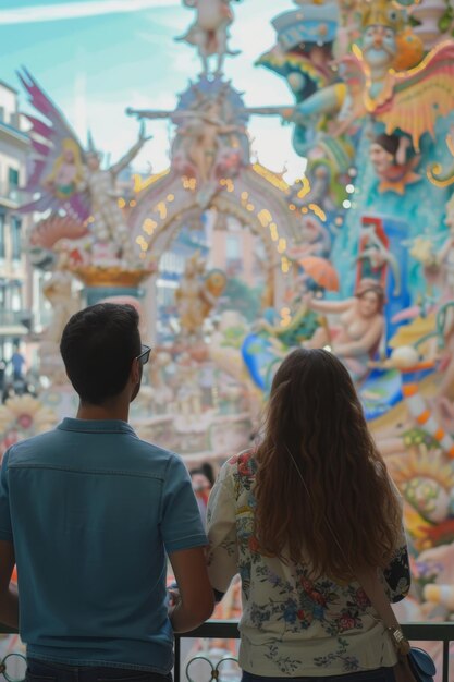 Photo view from behind a couple view the impresionant monument of las fallas festivity in valencia