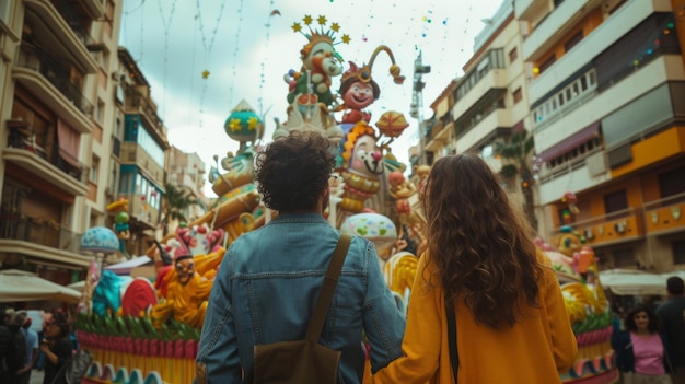 Photo view from behind a couple view the impresionant monument of las fallas festivity in valencia