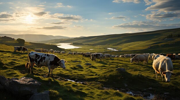 緑の野原で放し飼いにされている牛を上から眺め、夕暮れ時のぼかした景色を眺める