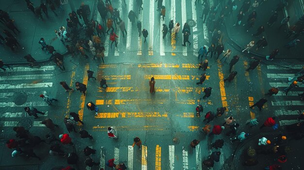 View from above Crowds crowd a pedestrian crosswalk as seen from a drone Tones