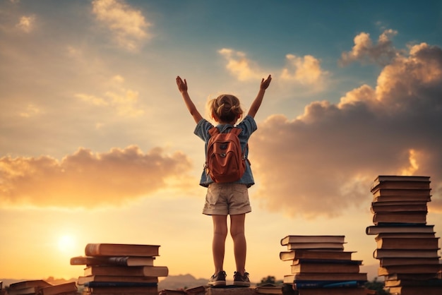 Foto vista da dietro di un bambino carino su una pila di libri al tramonto concetto di educazione e lettura sviluppo dell'immaginazione