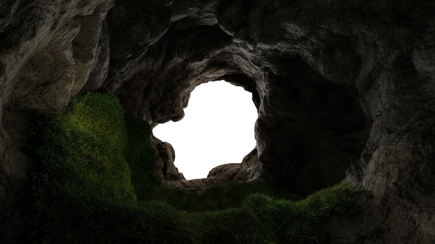 View from deep cave with grass hole in rocky mountain sunset 3d render