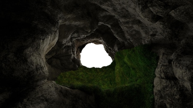 Vista dalla grotta profonda con foro d'erba nel rendering 3d del tramonto della montagna rocciosa