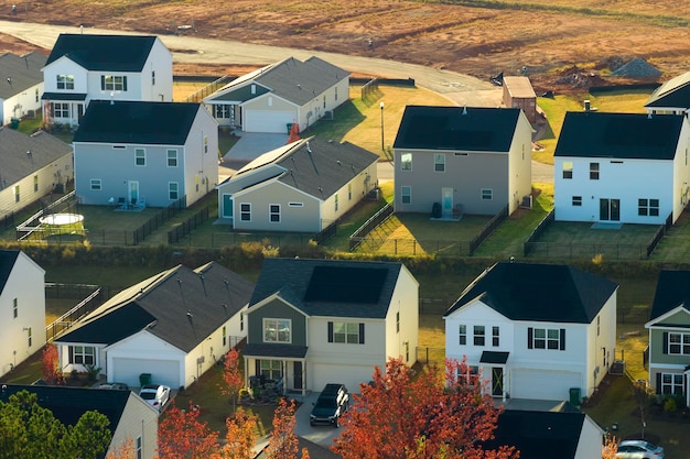 View from above of densely built residential houses in living area in South Carolina American dream homes as example of real estate development in US suburbs