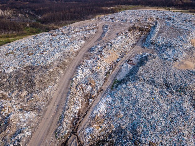 View from the drone of big pile of trash ecological\
concept