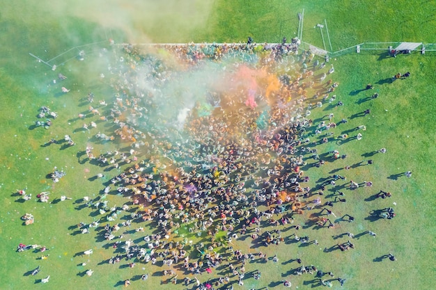 View from the drone of the people at the Holi Colors Festival