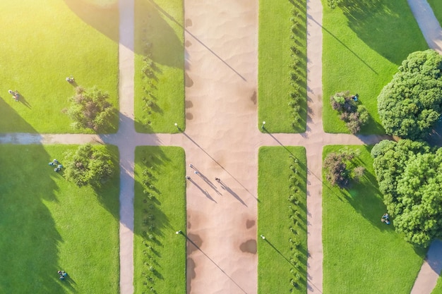 View from the drone of the walking paths and a green lawn in a summer park