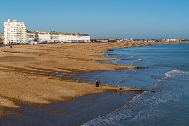 View from Eastbourne Pier towards the shore in Eastbourne East Sussex
