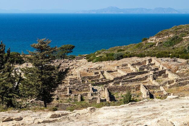 Photo view from excavation site of the ancient city of kamiros at the westside of rhodes island greece