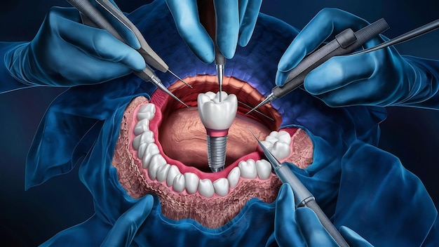 Photo view from above of a false tooth implant fixed in the jawbone 3d 3d illustration