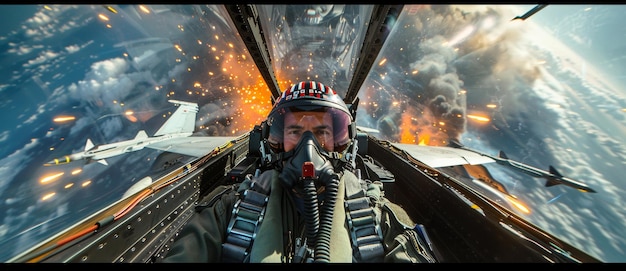 View from a fighter pilots cockpit amidst a fiery aerial battle