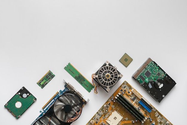 A view from above flat lay of computer components details