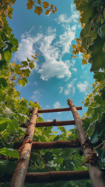 View from below of grapevines against blue sky