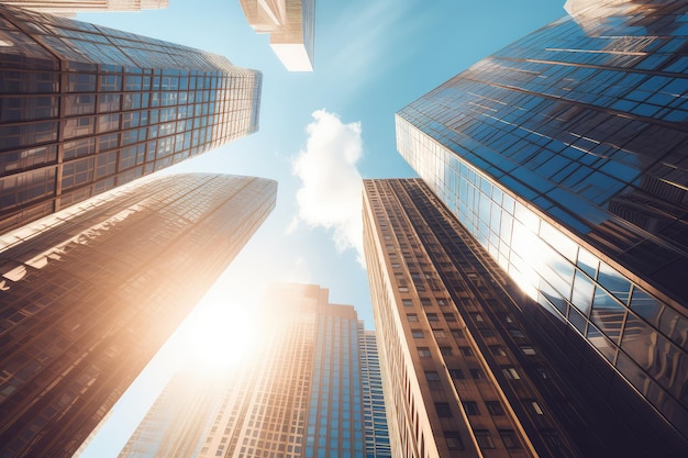 View from ground level up of corporate skyscrapers