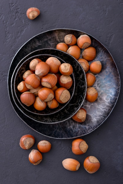 View from above on hazelnuts in metal plate