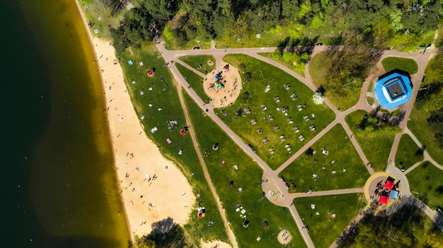 View from the height of the beach and vacationing people in Drozdy in Minsk.Belarus