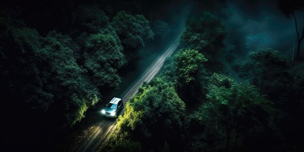 A view from a height of a car on the road in the deep jungleAerial view Panoramic shot Generative AI