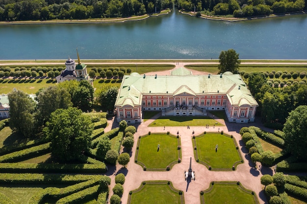 View from the height of the Kuskovo Estate in Moscow, Russia. Kuskovo manor is a unique monument of the XVIII century, a summer residence in Moscow.