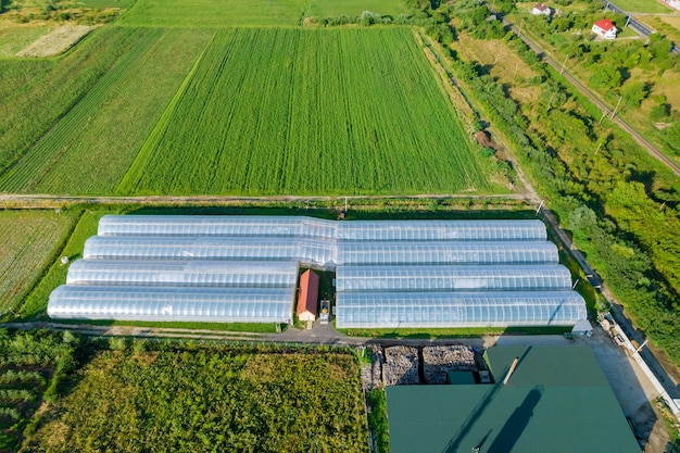 View from a height of large greenhouses and fields Agriculture