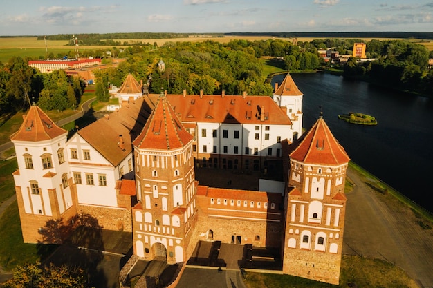 View from the height of the medieval MIR Castle in sunny summer weather