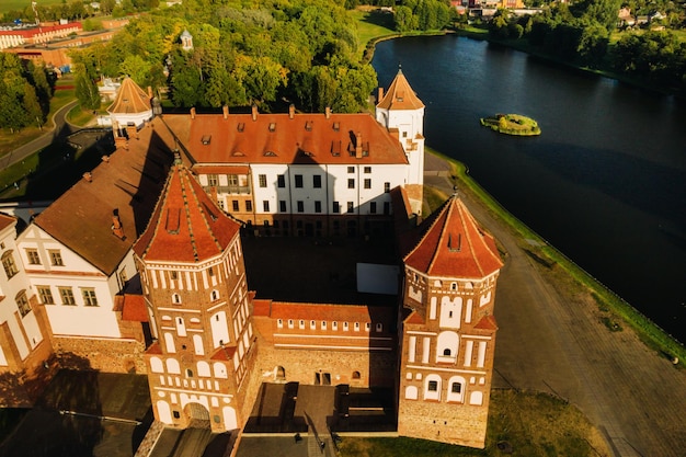 View from the height of the medieval MIR Castle in sunny summer weather