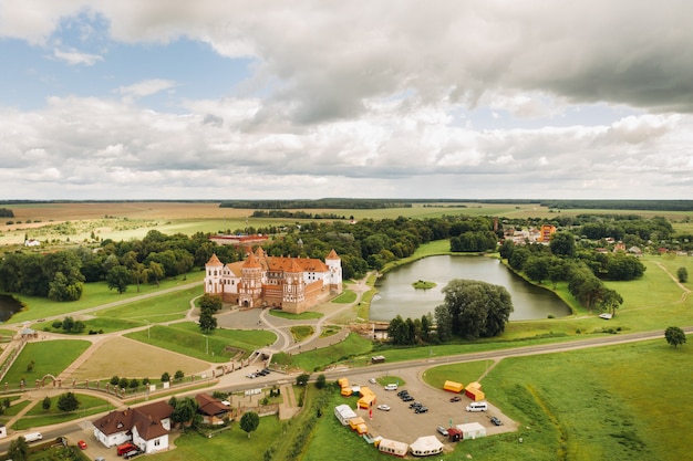 View from the height of the Mir Castle in Belarus and the park on a summer day.Belarus