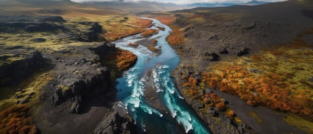 View from the height of the mountain riverAerial view Panoramic shot Generative AI