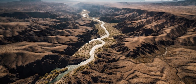 View from the height of the mountain riverAerial view Panoramic shot Generative AI