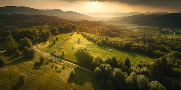 View from the height of the road among the green meadows at sunset in summerAerial view Panoramic shot Generative AI