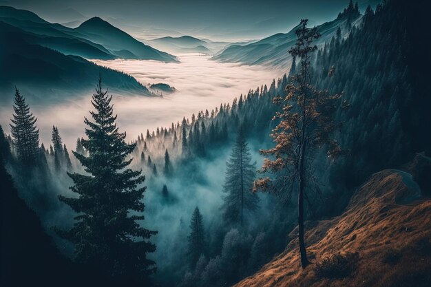 A view from a high angle of a fog in the mountain woods