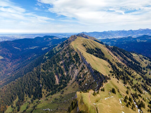 View from Hochgrat mountain nearby Oberstaufen on Gelchenwanger Kopf Rindalphorn Bavaria Bayern Germany on alps mountains in Tyrol Austria Peaple walking good hiking way