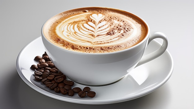 Photo view from above of hot cappuccino in a white cup with roasted coffee beans next to it on a white background