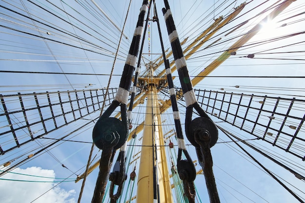 A view from below of the huge mast of an old sailing ship many ropes hanging down from above blue sk...